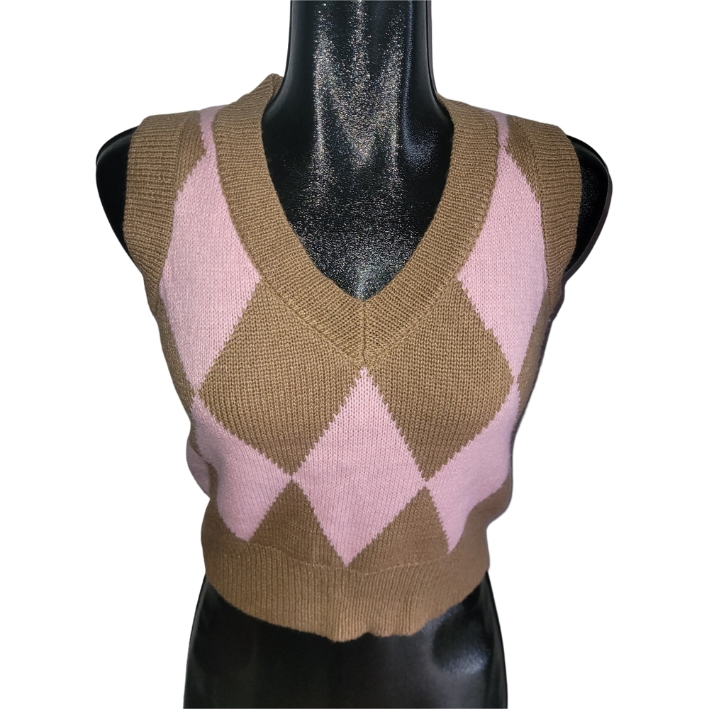 Retrod Pink and Brown Argyle V-neck Sweater Vest Size XS